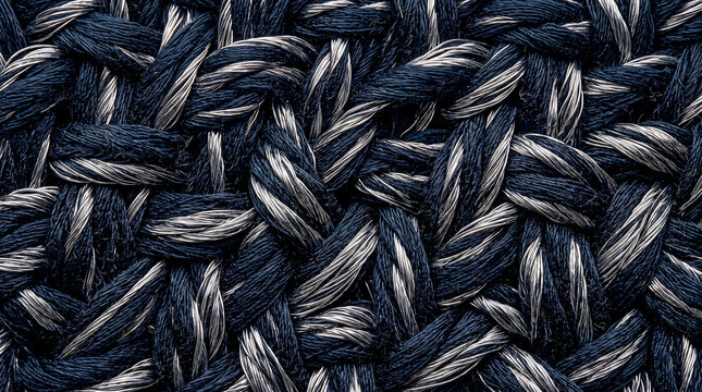 Macro view showing the dense microscopic topography of blue and silver braided fibers with clinical precision and complex woven texture