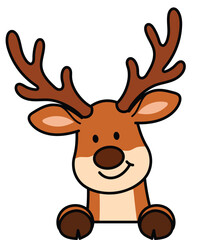 Playful reindeer peeking over vector art, Smiling reindeer cartoon popping out from the edge of frame illustration © AnotaiSi