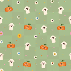 Obraz premium Retro Groovy Halloween Seamless Pattern Retro Daisy Eyeball Flower Sage Check