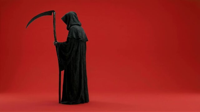 Grim reaper in black hooded cloak walking with scythe on red background. Halloween and death concept. Horror costume character. Spooky holiday.
