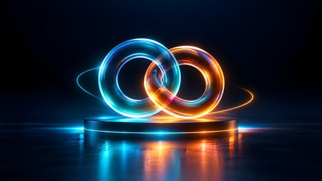 Two glowing interlocking neon rings on a podium representing futuristic connection partnership and digital infinity loop
