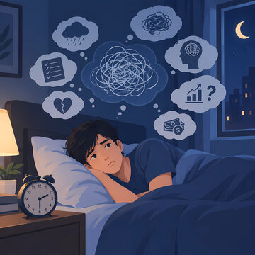 Thoughtful man in bed struggling to sleep with anxiety and clock on bedside table