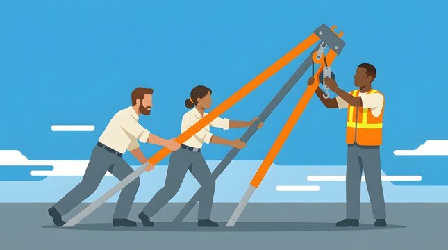 Flat illustration of a diverse business team working together to erect a tall tripod structure