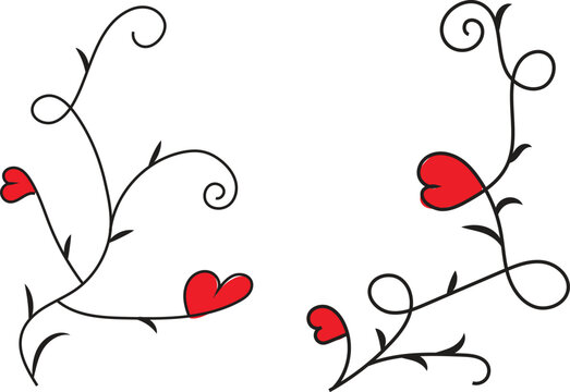 Decorative Black Vine Branches with Red Hearts, Romantic Floral Corner Borders, Vector Illustration on White Background