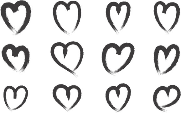 Hand drawn black heart shapes collection in brush stroke style isolated on white background