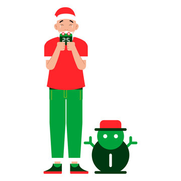 Santa Snowman Gift Character Santa Claus holding a festive device beside a snowman ideal for Christmas campaigns winter scenes and holiday promotions 