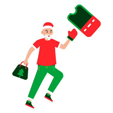Santa Gift Character Santa Claus jumping while carrying a large gift and shopping bag ideal for Christmas promotions holiday campaigns and festive scenes 