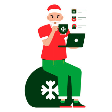 Santa Laptop and Coffee, Gift Bag Character Santa Claus sitting beside a gift sack with festive elements ideal for Christmas campaigns holiday scenes and gift giving themes 