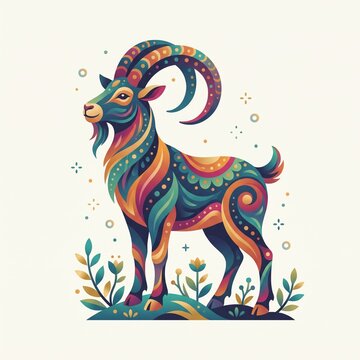 Vibrant colorful ibex goat vector illustration with ornate patterns