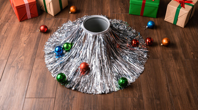 Overhead view of silver tinsel Christmas tree skirt with colorful ornaments and wrapped gifts on wooden floor, creating festive holiday scene