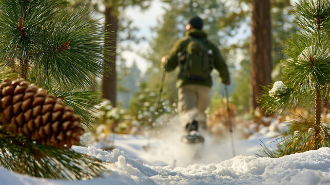 Person snowshoeing on snowy forest trail with poles, viewed from behind, framed by pine branches and cones, evoking peaceful winter adventure