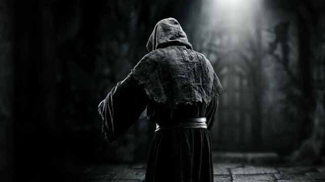 Grim reaper in hooded cloak holding scythe in dark dungeon. Skeletal hand and death figure turning. Halloween horror concept. Death and mortality symbol. Dark fantasy atmosphere.