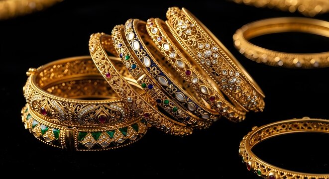 A collection of ornate gold bangles featuring intricate filigree work and colorful gemstone inlays, displayed elegantly on a dark black background