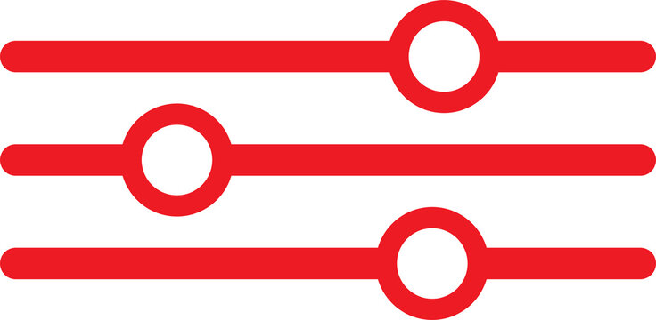Red horizontal slider control interface icons with circular knobs, representing adjustment, volume, settings, or level configuration isolated on a transparent background