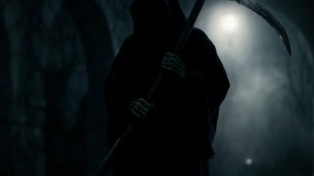 Grim reaper with scythe walking through dark ruins. Hooded death figure approaching in fog. Halloween horror concept. Scary spooky season background. Death and mortality theme.
