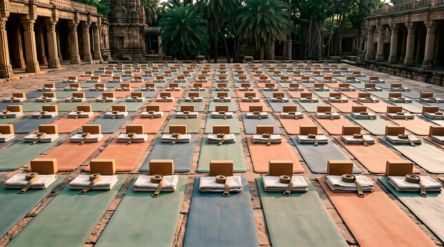 Orderly rows of yoga mats in a historic temple courtyard like high frequency trading server racks in a financial data center