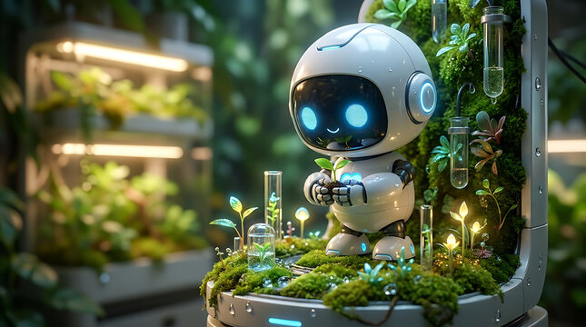 Small cute robot holding a plant in a green laboratory