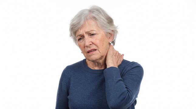 elderly woman, senior woman, old woman, woman with shoulder pain, shoulder pain, neck pain, woman holding shoulder, shoulder discomfort, painful shoulder, gray hair, older adult, woman in dark blue sh