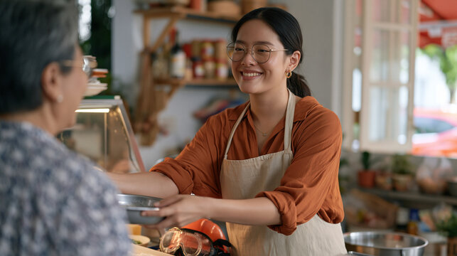 A teenager hands off a retail food stall shift to a family member in a modest home based setup safety goggles resting beside a prep station as an older relative watches the