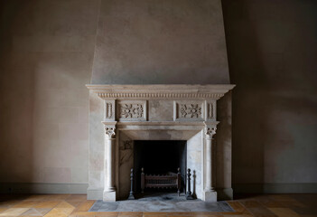 Fototapeta premium Luxury interior design and home comfort, ornate marble fireplace in a classic living room with stone walls and wooden floor for architectural style