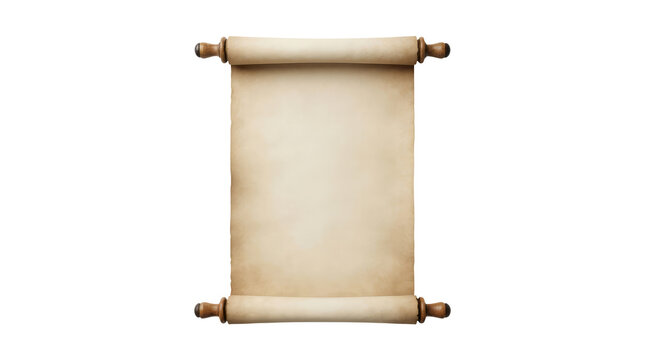An open vertical vintage paper scroll with wooden rollers at the top and bottom centered on a pure white background with realistic shadows and a clean minimalist design for historical themes