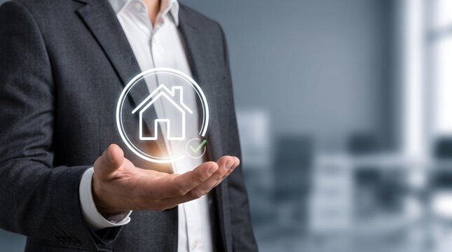 Professional presenting digital house shield with checkmark icon
