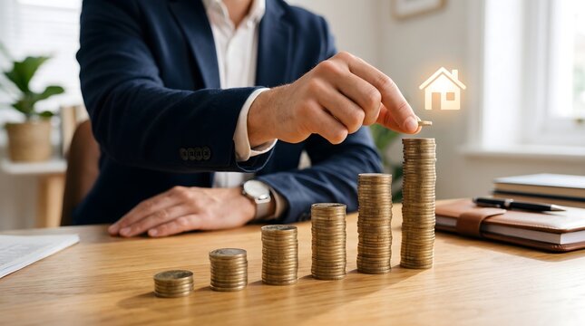 Businessman stacking coins near digital house icon for real estate