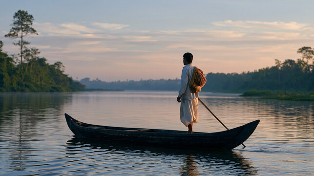 Kerala backwater fisherman stands on a traditional wooden vessel on his first morning welcoming a fellow worker with a warm nod a stack of crinkled paperwork forms tucked under