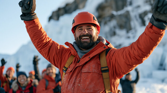 An air conditioning repair technician celebrating a promotion at a frozen waterfall ice climbing site during twilight, sawdust and insulation shavings from the day's work still on