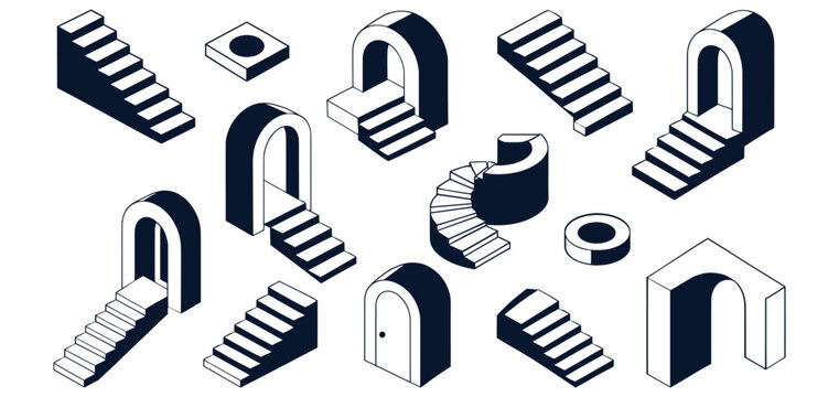 Isometric 3D Staircase Arch Doorway Optical Illusion Vector Set.