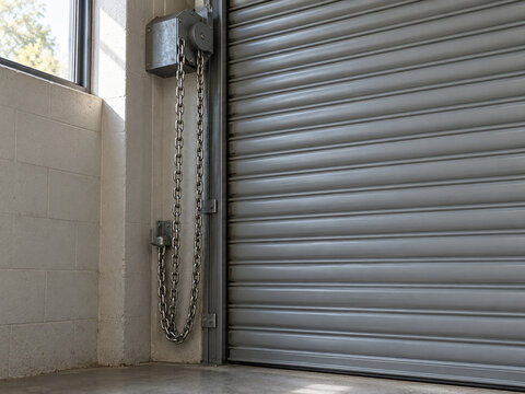 Manual chain mechanism beside a closed metal roller shutter