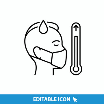 Person with fever symptoms wearing face mask next thermometer icon