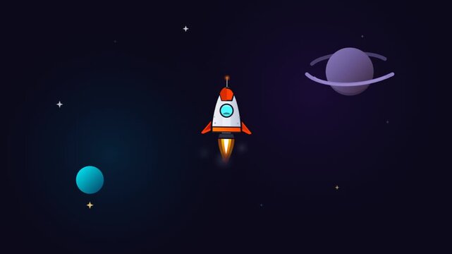 Cartoon rocket ship flying through deep space with planets and stars vector illustration.