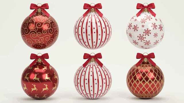 Six decorative holiday ornaments with red bows and festive patterns displayed together