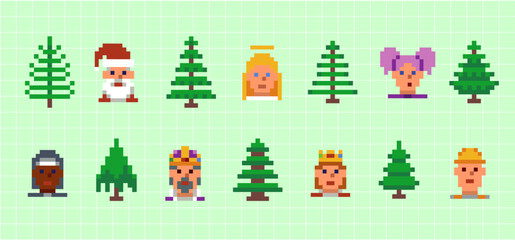 Fototapeta premium Christmas character icons in retro 8-bit pixel art style. Nostalgic arcade aesthetic and calm holiday mood