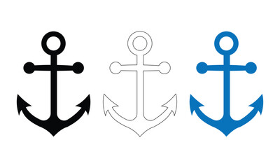 Three nautical anchors in black outline and solid blue and black styles on white background © Taniaislam