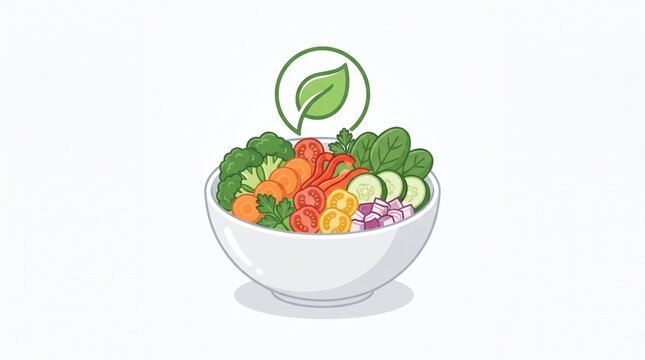 Fresh vegetable salad bowl vector illustration containing broccoli carrots tomatoes cucumber spinach red onion and herbs. Organic food symbol. Clean flat design graphic for health and nutrition