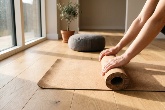 Hands unrolling natural cork yoga mat on wooden floor
