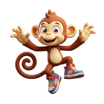 Playful 3D cartoon monkey character jumping and wearing sneakers isolated on a white background isolated on a transparent background