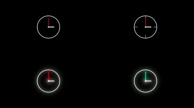 premium stock video features four distinct analog clock dials with moving hands and subtle highlight. Perfect for dynamic modern media presentations and top motion design professionals.