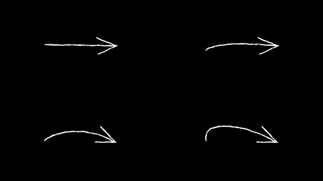 high-quality video file contains four distinct white sketched directional arrows pointing towards right. Enhance your next visual project effortlessly using these wonderful drawn marks.