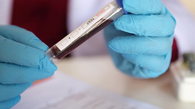 Drug test blood sample in tube above document. Blood sample above laboratory test document
