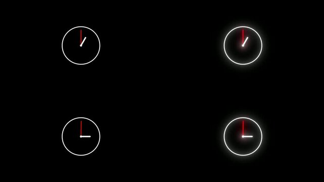 high-quality footage features four luminescent clock faces displaying passing time with bright hands. Use these incredibly dynamic clips to enhance digital content and visual creations.