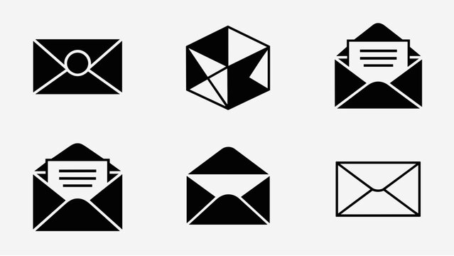 Set of black and white envelope icons for email communication and