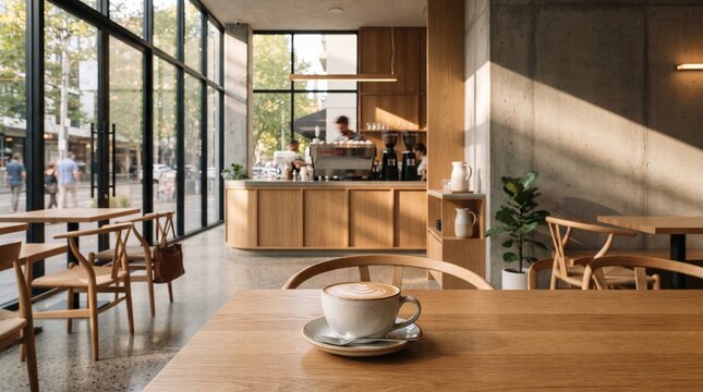 Bright and inviting modern minimalist cafe interior design with a warm latte art coffee on a wooden table, bathed in natural sunlight, perfect for a peaceful morning or an urban break