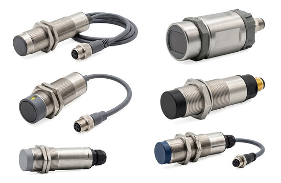Set of industrial position sensors and inductive proximity switches on transparent background. Professional automation equipment and electronic sensing hardware collection. 