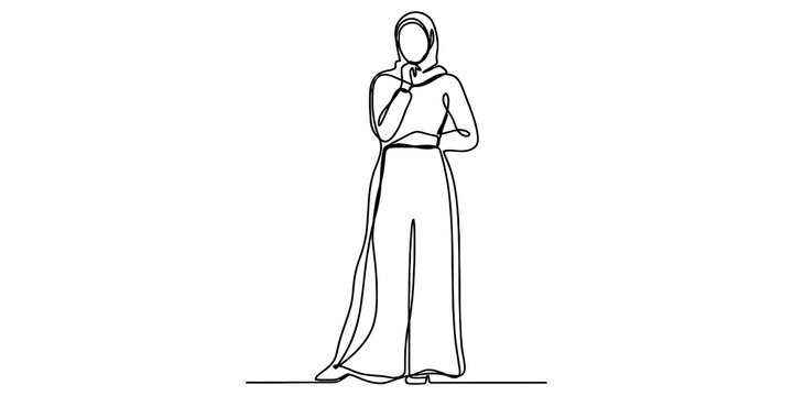 Muslim woman in hijab wearing long dress standing and thinking line art design for modest fashion or lifestyle concepts.