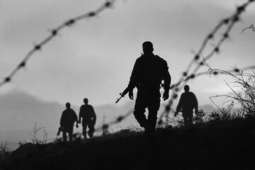 Fototapeta premium Soldiers walk along a rough landscape with silhouettes visible against a cloudy sky and barbed wire in the foreground