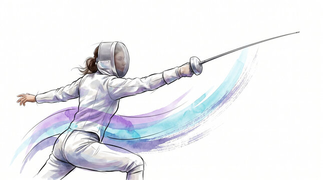 Fencer in protective gear lunges with an extended sword against a white background, surrounded by colorful sweeping motion trails. Illustration of sport and movement.