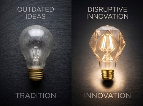 Visual comparison of traditional outdated ideas and modern disruptive innovation symbolized by an unlit vintage light bulb next to a glowing contemporary geometric bulb.